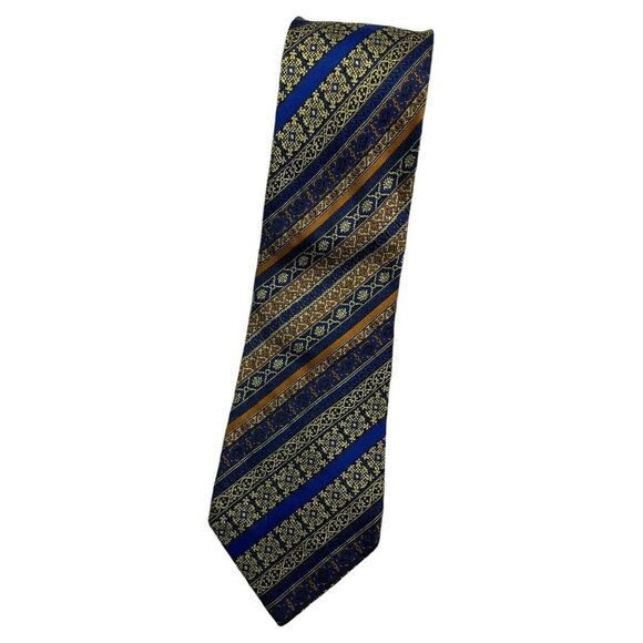 WERNER SCHERER Men's 100% Silk Necktie LUXURY XL Gold Blue Geometric W:4" EUC - Picture 1 of 5